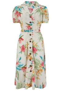 The "Charlene" Shirtwaister Dress in Natural Honolulu Print, True & Authentic 1950s Vintage Style - True and authentic vintage style clothing, inspired by the Classic styles of CC41 , WW2 and the fun 1950s RocknRoll era, for everyday wear plus events like Goodwood Revival, Twinwood Festival and Viva Las Vegas Rockabilly Weekend Rock n Romance Rock n Romance