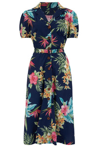 The "Charlene" Shirtwaister Dress in Navy Honolulu Print, True & Authentic 1950s Vintage Style - True and authentic vintage style clothing, inspired by the Classic styles of CC41 , WW2 and the fun 1950s RocknRoll era, for everyday wear plus events like Goodwood Revival, Twinwood Festival and Viva Las Vegas Rockabilly Weekend Rock n Romance Rock n Romance