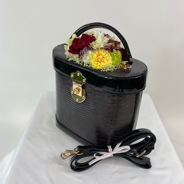 Classic Vintage Style Charlotte Handbag In Classic Black with Christmas Blooms - True and authentic vintage style clothing, inspired by the Classic styles of CC41 , WW2 and the fun 1950s RocknRoll era, for everyday wear plus events like Goodwood Revival, Twinwood Festival and Viva Las Vegas Rockabilly Weekend Rock n Romance Classic Bags In Bloom