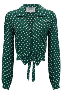 "Clarice" Blouse in Green With White Polka , Classic 1940s Vintage Inspired Style - CC41, Goodwood Revival, Twinwood Festival, Viva Las Vegas Rockabilly Weekend Rock n Romance The Seamstress Of Bloomsbury