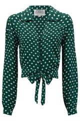 "Clarice" Blouse in Green With White Polka , Classic 1940s Vintage Inspired Style