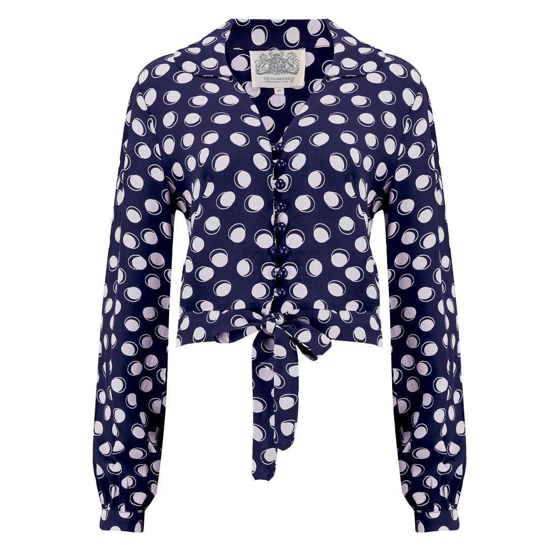 "Clarice" Blouse in Navy Moonshine Spot, Classic 1940s Vintage Inspired Style - True and authentic vintage style clothing, inspired by the Classic styles of CC41 , WW2 and the fun 1950s RocknRoll era, for everyday wear plus events like Goodwood Revival, Twinwood Festival and Viva Las Vegas Rockabilly Weekend Rock n Romance The Seamstress Of Bloomsbury