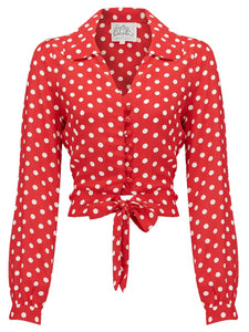 "Clarice" Long Sleeve Blouse in Red with Polka Dots, Classic 1940s Vintage Style Inspired - True and authentic vintage style clothing, inspired by the Classic styles of CC41 , WW2 and the fun 1950s RocknRoll era, for everyday wear plus events like Goodwood Revival, Twinwood Festival and Viva Las Vegas Rockabilly Weekend Rock n Romance The Seamstress Of Bloomsbury