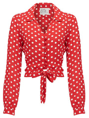 "Clarice" Long Sleeve Blouse in Red with Polka Dots, Classic 1940s Vintage Style Inspired