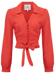Blouse à manches longues « Clarice » en rouge uni, style inspiré vintage authentique des années 1940