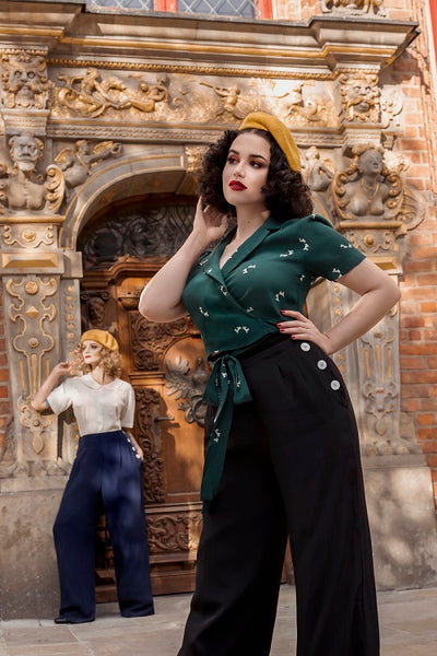 "Audrey" Trousers in Black With White Polka , Totally Authentic & Classic 1940s Vintage Inspired Style - True and authentic vintage style clothing, inspired by the Classic styles of CC41 , WW2 and the fun 1950s RocknRoll era, for everyday wear plus events like Goodwood Revival, Twinwood Festival and Viva Las Vegas Rockabilly Weekend Rock n Romance The Seamstress Of Bloomsbury