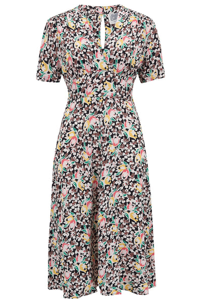 "Dolores" Swing Dress in Tulip Print, Classic 1940s Inspired Vintage Style - True and authentic vintage style clothing, inspired by the Classic styles of CC41 , WW2 and the fun 1950s RocknRoll era, for everyday wear plus events like Goodwood Revival, Twinwood Festival and Viva Las Vegas Rockabilly Weekend Rock n Romance The Seamstress Of Bloomsbury
