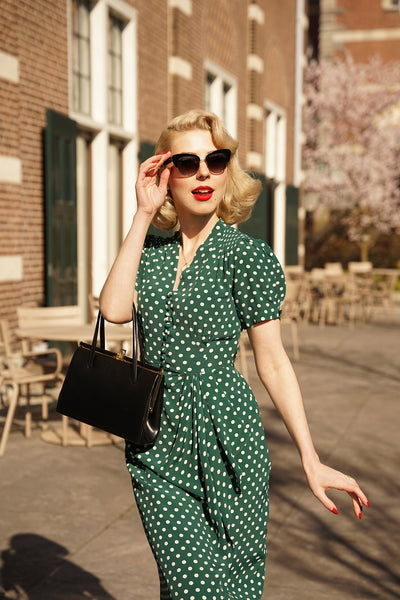 "Mabel" Dress in Green Polka , A Classic 1940s True Vintage Inspired Style - True and authentic vintage style clothing, inspired by the Classic styles of CC41 , WW2 and the fun 1950s RocknRoll era, for everyday wear plus events like Goodwood Revival, Twinwood Festival and Viva Las Vegas Rockabilly Weekend Rock n Romance The Seamstress of Bloomsbury