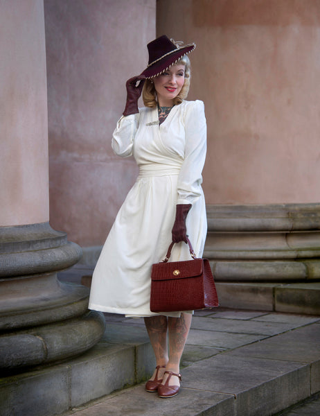 The "Evie" Long Sleeve Wrap Dress in Antique White, True & Authentic Late 1940s Early 1950s Vintage Style - True and authentic vintage style clothing, inspired by the Classic styles of CC41 , WW2 and the fun 1950s RocknRoll era, for everyday wear plus events like Goodwood Revival, Twinwood Festival and Viva Las Vegas Rockabilly Weekend Rock n Romance Rock n Romance