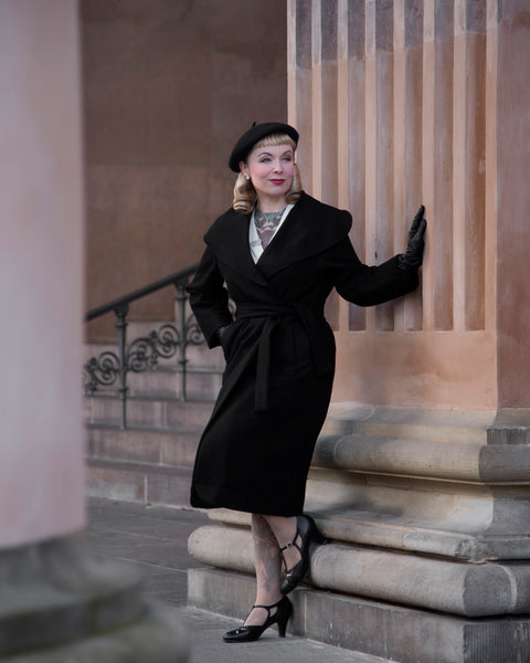 The "Monroe" Wrap Coat in Classic Black.. True & Authentic Late 1940s, Early 50s Vintage Style - True and authentic vintage style clothing, inspired by the Classic styles of CC41 , WW2 and the fun 1950s RocknRoll era, for everyday wear plus events like Goodwood Revival, Twinwood Festival and Viva Las Vegas Rockabilly Weekend Rock n Romance Rock n Romance