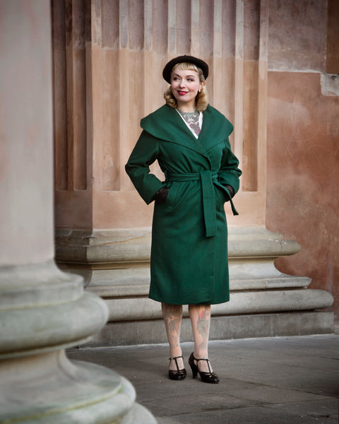The "Monroe" Wrap Coat in Classic Green.. True & Authentic Late 1940s, Early 50s Vintage Style - True and authentic vintage style clothing, inspired by the Classic styles of CC41 , WW2 and the fun 1950s RocknRoll era, for everyday wear plus events like Goodwood Revival, Twinwood Festival and Viva Las Vegas Rockabilly Weekend Rock n Romance Rock n Romance