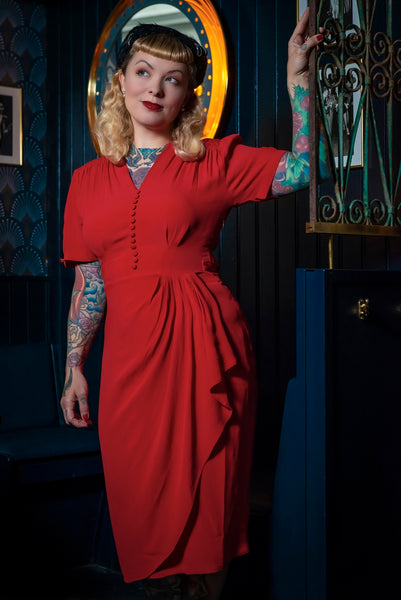 "Mabel" Dress in Solid Red, A Classic 1940s Inspired Vintage Style - True and authentic vintage style clothing, inspired by the Classic styles of CC41 , WW2 and the fun 1950s RocknRoll era, for everyday wear plus events like Goodwood Revival, Twinwood Festival and Viva Las Vegas Rockabilly Weekend Rock n Romance The Seamstress of Bloomsbury