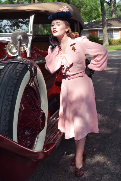 "Eva" Dress in Blossom Pink , Classic 1940's Style Long Sleeve Dress with Tie Neck - True and authentic vintage style clothing, inspired by the Classic styles of CC41 , WW2 and the fun 1950s RocknRoll era, for everyday wear plus events like Goodwood Revival, Twinwood Festival and Viva Las Vegas Rockabilly Weekend Rock n Romance The Seamstress Of Bloomsbury