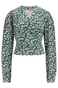 The "Darla" Long Sleeve Wrap Blouse in Green Whisp Print, True Vintage Style - True and authentic vintage style clothing, inspired by the Classic styles of CC41 , WW2 and the fun 1950s RocknRoll era, for everyday wear plus events like Goodwood Revival, Twinwood Festival and Viva Las Vegas Rockabilly Weekend Rock n Romance Rock n Romance