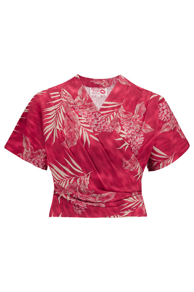 The "Darla" Short Sleeve Wrap Blouse in Ruby Palm Print, True Vintage Style - True and authentic vintage style clothing, inspired by the Classic styles of CC41 , WW2 and the fun 1950s RocknRoll era, for everyday wear plus events like Goodwood Revival, Twinwood Festival and Viva Las Vegas Rockabilly Weekend Rock n Romance Rock n Romance