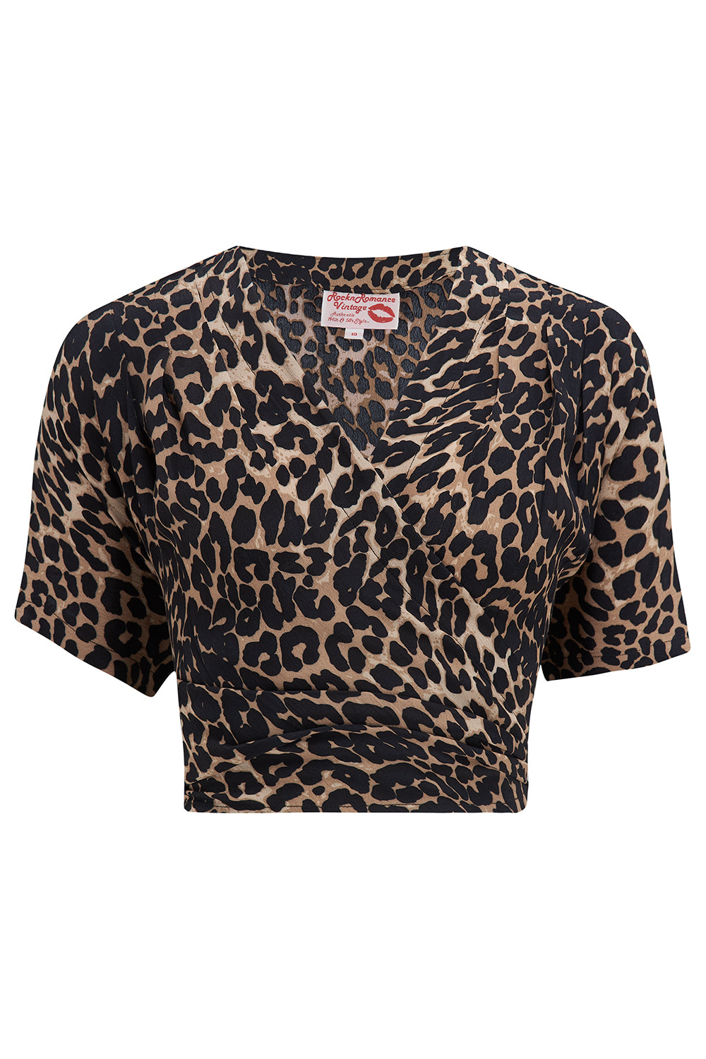 The "Darla" Short Sleeve Wrap Blouse in Leopard Print, True Vintage Style - True and authentic vintage style clothing, inspired by the Classic styles of CC41 , WW2 and the fun 1950s RocknRoll era, for everyday wear plus events like Goodwood Revival, Twinwood Festival and Viva Las Vegas Rockabilly Weekend Rock n Romance Rock n Romance