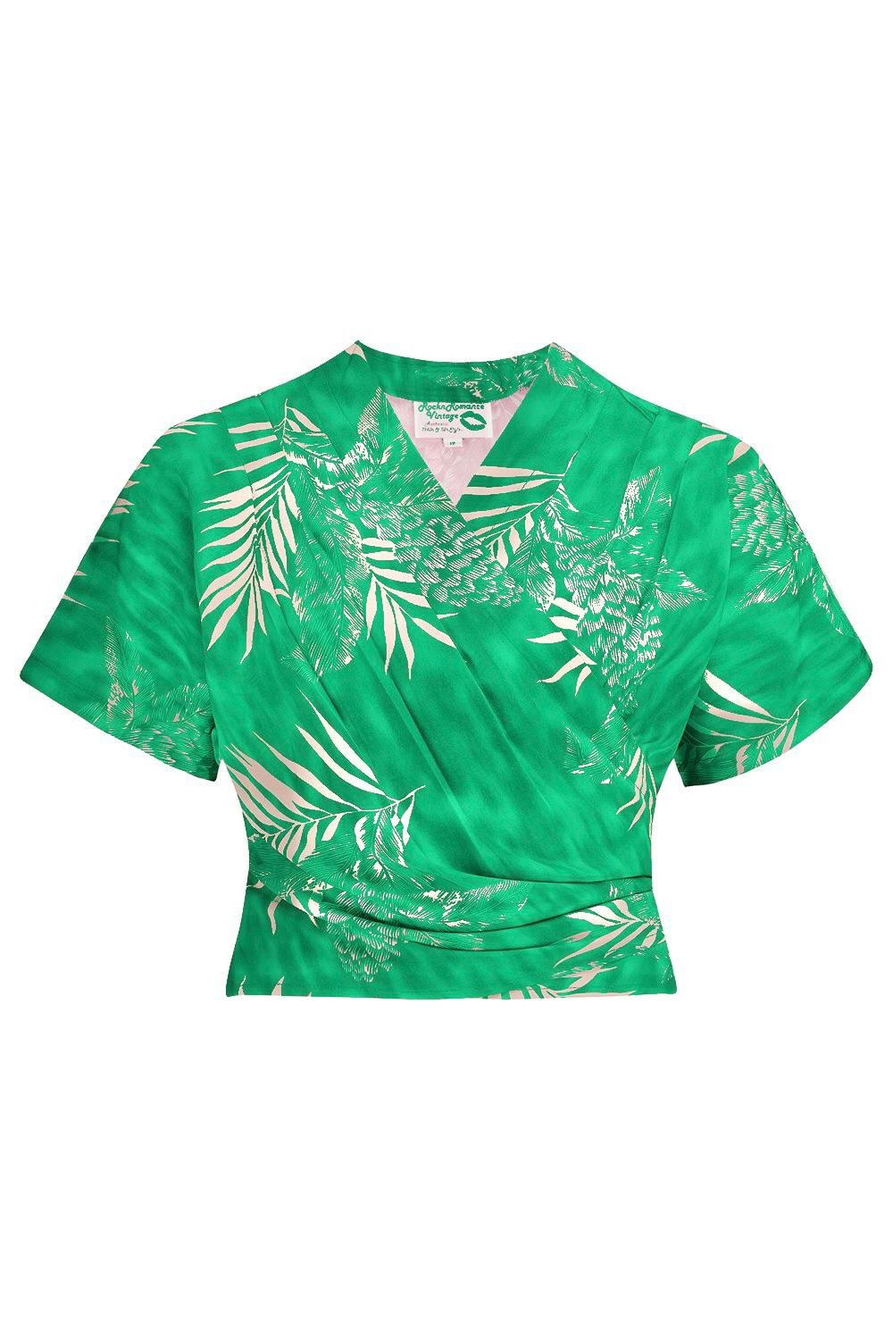 The "Darla" Short Sleeve Wrap Blouse in Emerald Palm Print, True Vintage Style