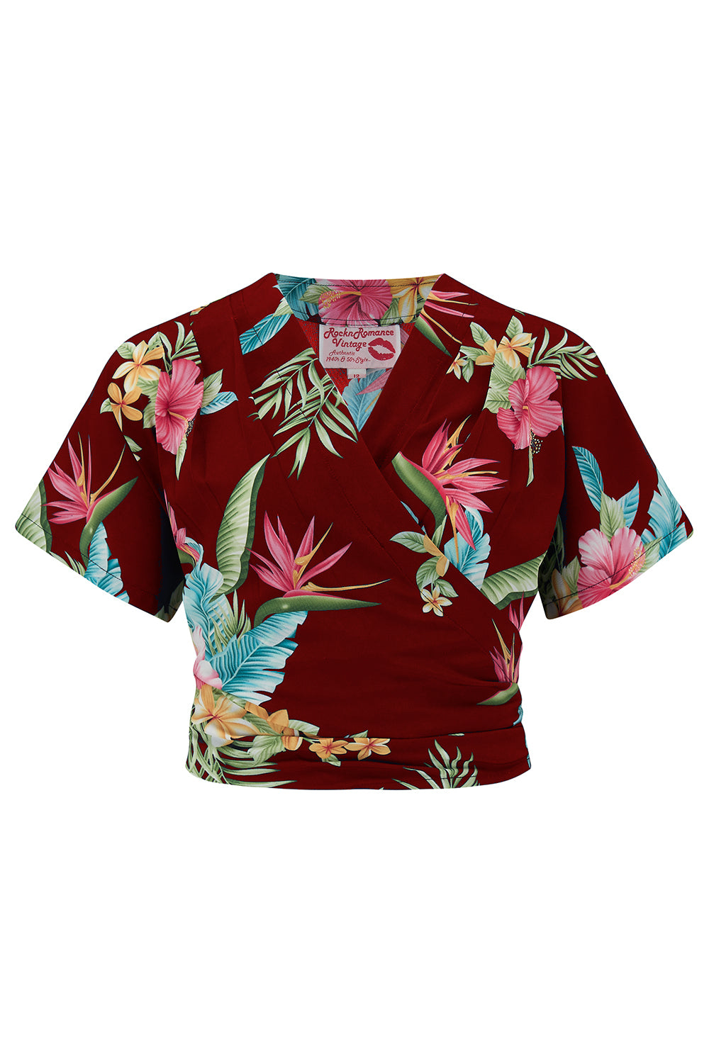 The "Darla" Short Sleeve Wrap Blouse in Wine Honolulu Print, True Vintage Style - True and authentic vintage style clothing, inspired by the Classic styles of CC41 , WW2 and the fun 1950s RocknRoll era, for everyday wear plus events like Goodwood Revival, Twinwood Festival and Viva Las Vegas Rockabilly Weekend Rock n Romance Rock n Romance