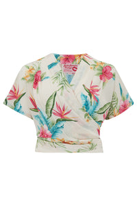 The "Darla" Short Sleeve Wrap Blouse in Natural Honolulu Print, True Vintage Style - True and authentic vintage style clothing, inspired by the Classic styles of CC41 , WW2 and the fun 1950s RocknRoll era, for everyday wear plus events like Goodwood Revival, Twinwood Festival and Viva Las Vegas Rockabilly Weekend Rock n Romance Rock n Romance