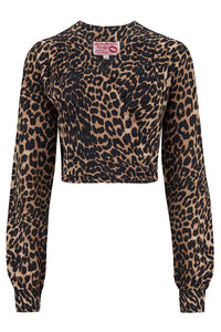 The "Darla" Long Sleeve Wrap Blouse in Leopard Print, True Vintage Style - True and authentic vintage style clothing, inspired by the Classic styles of CC41 , WW2 and the fun 1950s RocknRoll era, for everyday wear plus events like Goodwood Revival, Twinwood Festival and Viva Las Vegas Rockabilly Weekend Rock n Romance Rock n Romance