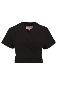 The "Darla" Short Sleeve Wrap Blouse in Black, True Vintage Style - True and authentic vintage style clothing, inspired by the Classic styles of CC41 , WW2 and the fun 1950s RocknRoll era, for everyday wear plus events like Goodwood Revival, Twinwood Festival and Viva Las Vegas Rockabilly Weekend Rock n Romance Rock n Romance