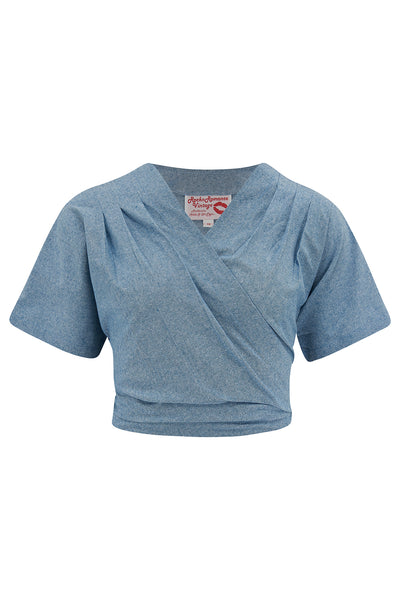 The "Darla" Short Sleeve Wrap Blouse in Lightweight Blue Denim, Cotton Chambray, True Vintage Style - True and authentic vintage style clothing, inspired by the Classic styles of CC41 , WW2 and the fun 1950s RocknRoll era, for everyday wear plus events like Goodwood Revival, Twinwood Festival and Viva Las Vegas Rockabilly Weekend Rock n Romance Rock n Romance
