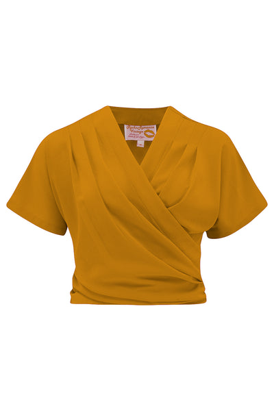 The "Darla" Short Sleeve Wrap Blouse in Mustard, True Vintage Style - True and authentic vintage style clothing, inspired by the Classic styles of CC41 , WW2 and the fun 1950s RocknRoll era, for everyday wear plus events like Goodwood Revival, Twinwood Festival and Viva Las Vegas Rockabilly Weekend Rock n Romance Rock n Romance