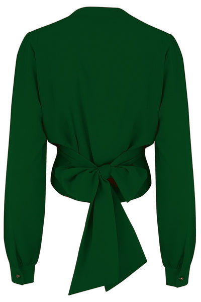 The "Darla" Long Sleeve Wrap Blouse in Green, True Vintage Style - True and authentic vintage style clothing, inspired by the Classic styles of CC41 , WW2 and the fun 1950s RocknRoll era, for everyday wear plus events like Goodwood Revival, Twinwood Festival and Viva Las Vegas Rockabilly Weekend Rock n Romance Rock n Romance