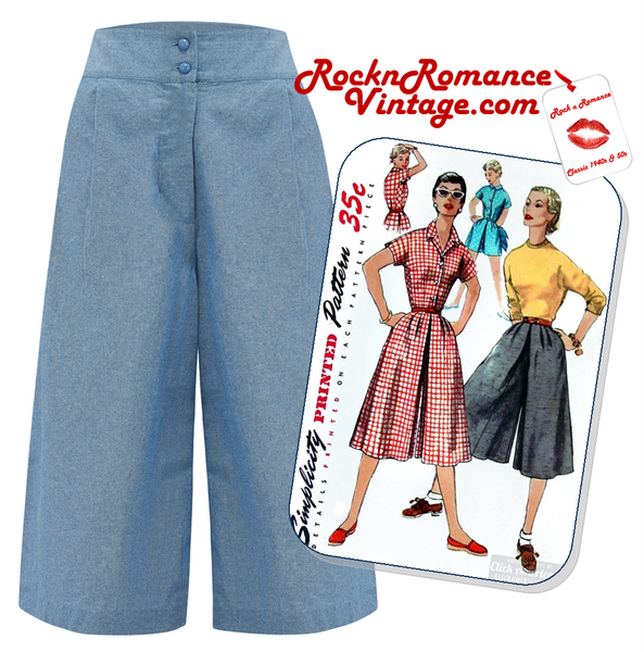 The "Sophia" Palazzo Culottes in Lightweight Denim, Cotton Chambray, Classic & Easy To Wear 1950s Vintage Inspired Style - CC41, Goodwood Revival, Twinwood Festival, Viva Las Vegas Rockabilly Weekend Rock n Romance Rock n Romance