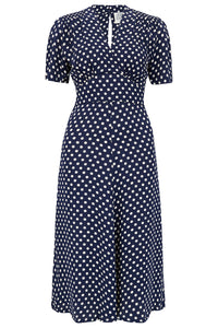 "Dolores" Swing Dress in Navy Spot, Classic 1940s Inspired Vintage Style - True and authentic vintage style clothing, inspired by the Classic styles of CC41 , WW2 and the fun 1950s RocknRoll era, for everyday wear plus events like Goodwood Revival, Twinwood Festival and Viva Las Vegas Rockabilly Weekend Rock n Romance The Seamstress Of Bloomsbury