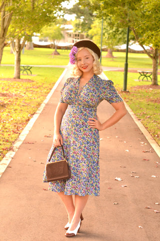 "Dolores" Swing Dress in Pansy Print, A Classic 1940s Inspired Vintage Style - True vintage clothing outfit styles for Goodwood Revival and Viva Las Vegas Rockabilly Weekend Rock n Romance The Seamstress Of Bloomsbury