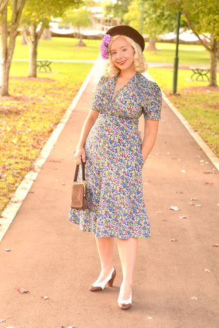 "Dolores" Swing Dress in Pansy Print, A Classic 1940s Inspired Vintage Style - True vintage clothing outfit styles for Goodwood Revival and Viva Las Vegas Rockabilly Weekend Rock n Romance The Seamstress Of Bloomsbury