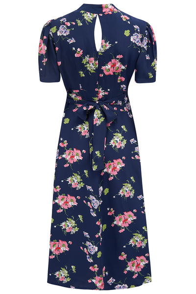 "Dolores" Swing Dress in Navy Mayflower , Classic 1940s Inspired Vintage Style - True and authentic vintage style clothing, inspired by the Classic styles of CC41 , WW2 and the fun 1950s RocknRoll era, for everyday wear plus events like Goodwood Revival, Twinwood Festival and Viva Las Vegas Rockabilly Weekend Rock n Romance The Seamstress Of Bloomsbury