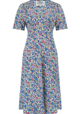 "Dolores" Swing Dress in Pansy Print, A Classic 1940s Inspired Vintage Style - True vintage clothing outfit styles for Goodwood Revival and Viva Las Vegas Rockabilly Weekend Rock n Romance The Seamstress Of Bloomsbury