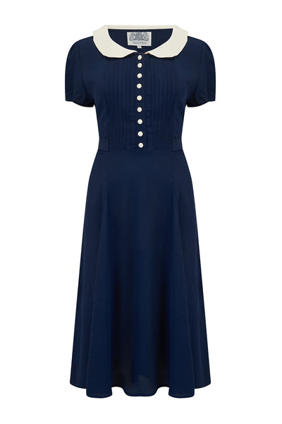 "Dorothy" Dress in Navy with Contrast Collar, Classic 1940s Vintage Style - True and authentic vintage style clothing, inspired by the Classic styles of CC41 , WW2 and the fun 1950s RocknRoll era, for everyday wear plus events like Goodwood Revival, Twinwood Festival and Viva Las Vegas Rockabilly Weekend Rock n Romance The Seamstress Of Bloomsbury