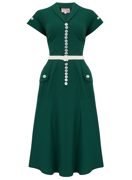 The "Casey" Dress in Solid Green, True & Authentic 1950s Vintage Style - True and authentic vintage style clothing, inspired by the Classic styles of CC41 , WW2 and the fun 1950s RocknRoll era, for everyday wear plus events like Goodwood Revival, Twinwood Festival and Viva Las Vegas Rockabilly Weekend Rock n Romance Rock n Romance