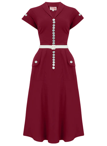 **Sample Sale** The "Casey" Dress in Solid Wine With Matching Wine Buttons , True & Authentic 1950s Vintage Style - True and authentic vintage style clothing, inspired by the Classic styles of CC41 , WW2 and the fun 1950s RocknRoll era, for everyday wear plus events like Goodwood Revival, Twinwood Festival and Viva Las Vegas Rockabilly Weekend Rock n Romance Rock n Romance