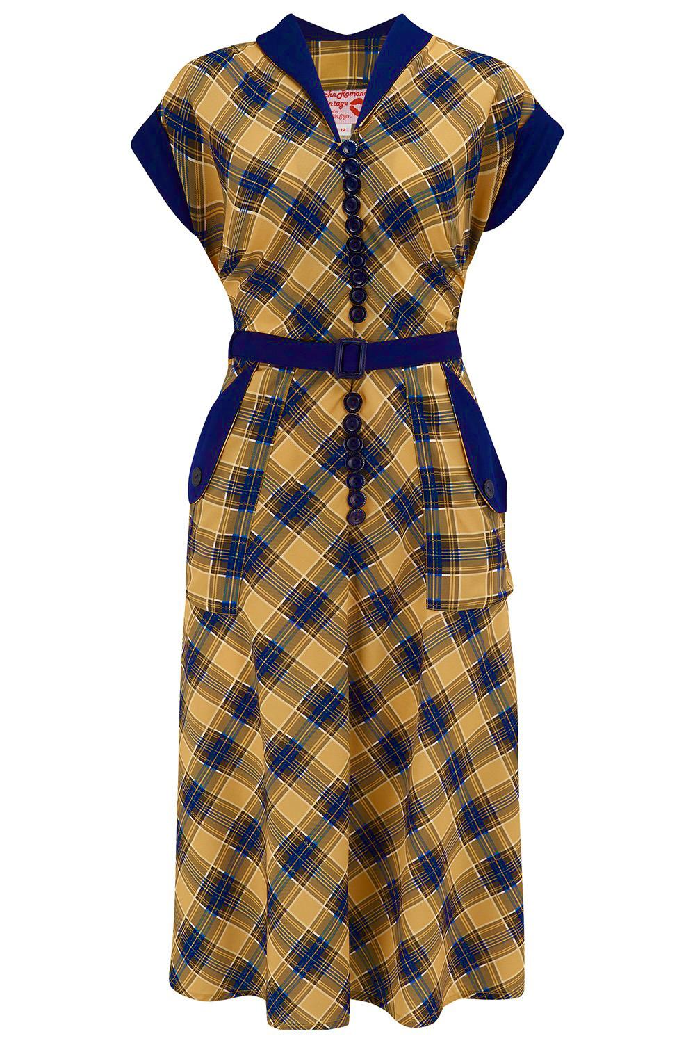 The "Casey" Dress in Mustard & Navy Check Print, True 1950s Vintage Style - True and authentic vintage style clothing, inspired by the Classic styles of CC41 , WW2 and the fun 1950s RocknRoll era, for everyday wear plus events like Goodwood Revival, Twinwood Festival and Viva Las Vegas Rockabilly Weekend Rock n Romance Rock n Romance