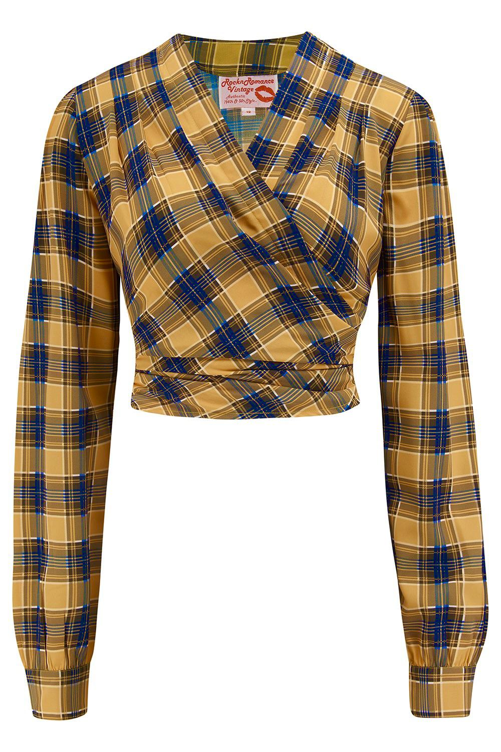 The "Darla" Long Sleeve Wrap Blouse in Mustard & Navy Check Print, True Vintage Style - True and authentic vintage style clothing, inspired by the Classic styles of CC41 , WW2 and the fun 1950s RocknRoll era, for everyday wear plus events like Goodwood Revival, Twinwood Festival and Viva Las Vegas Rockabilly Weekend Rock n Romance Rock n Romance