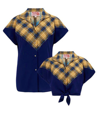 **Sample Sale** The "Maisy" Tuck in or Tie Up Blouse in Mustard Check & Navy, Classic Vintage Western Style - True vintage clothing outfit styles for Goodwood Revival and Viva Las Vegas Rockabilly Weekend Rock n Romance Rock n Romance