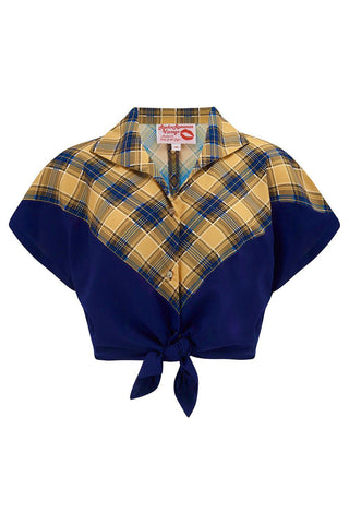 The "Maisy" Tuck in or Tie Up Blouse in Mustard Check & Navy, Classic Vintage Western Style - Vintage Clothing, CC41, Dress For Goodwood Revival, Vintage Outfit, Twinwood Festival Outfit, Viva Las Vegas Rockabilly Weekend Rock n Romance Rock n Romance