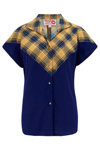 The "Maisy" Tuck in or Tie Up Blouse in Mustard Check & Navy, Classic Vintage Western Style - Vintage Clothing, CC41, Dress For Goodwood Revival, Vintage Outfit, Twinwood Festival Outfit, Viva Las Vegas Rockabilly Weekend Rock n Romance Rock n Romance