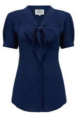 Eva-Bluse mit kurzen Ärmeln in Marineblau, authentischer und klassischer Vintage-Stil der 1940er Jahre