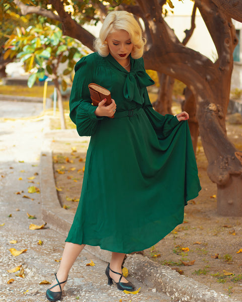"Eva" Dress in Green , Classic 1940's Style Long Sleeve Dress with Tie Neck - CC41, Goodwood Revival, Twinwood Festival, Viva Las Vegas Rockabilly Weekend Rock n Romance The Seamstress Of Bloomsbury