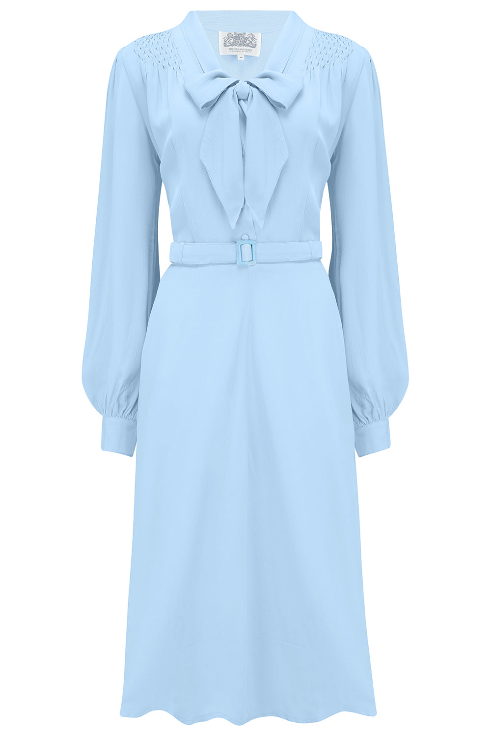 "Eva" Dress in Powder Blue , Classic 1940's Style Long Sleeve Dress with Tie Neck - True and authentic vintage style clothing, inspired by the Classic styles of CC41 , WW2 and the fun 1950s RocknRoll era, for everyday wear plus events like Goodwood Revival, Twinwood Festival and Viva Las Vegas Rockabilly Weekend Rock n Romance The Seamstress Of Bloomsbury
