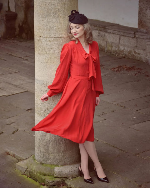 "Eva" Dress in 40s Red , Classic 1940's Style Long Sleeve Dress with Pussy Bow Tie Neck - True and authentic vintage style clothing, inspired by the Classic styles of CC41 , WW2 and the fun 1950s RocknRoll era, for everyday wear plus events like Goodwood Revival, Twinwood Festival and Viva Las Vegas Rockabilly Weekend Rock n Romance The Seamstress Of Bloomsbury