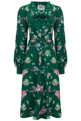 "Eva" Dress in Green Mayflower , Classic 1940's Style Long Sleeve Dress with Tie Neck