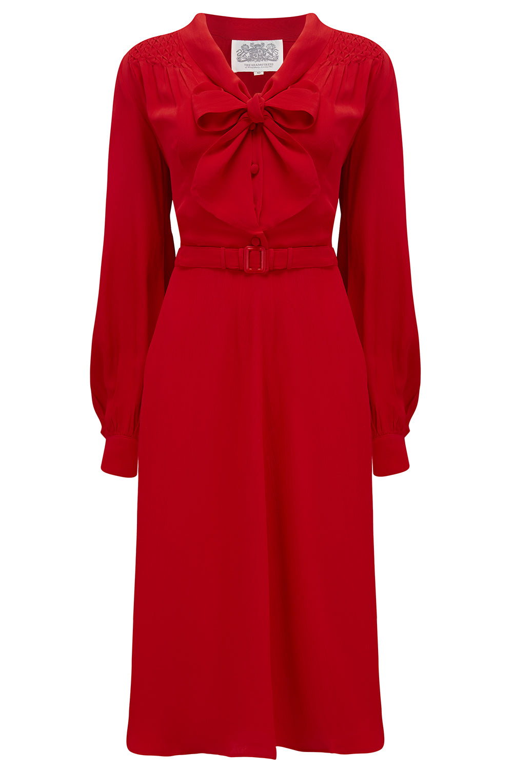 "Eva" Dress in 40s Red , Classic 1940's Style Long Sleeve Dress with Pussy Bow Tie Neck - CC41, Goodwood Revival, Twinwood Festival, Viva Las Vegas Rockabilly Weekend Rock n Romance The Seamstress Of Bloomsbury