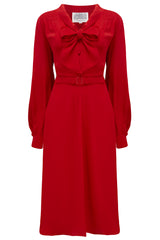 "Eva" Dress in 40s Red , Classic 1940's Style Long Sleeve Dress with Pussy Bow Tie Neck