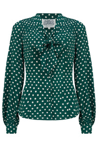Eva Long Sleeve Blouse in Green Polka Dot, Authentic & Classic 1940s Vintage Style - True and authentic vintage style clothing, inspired by the Classic styles of CC41 , WW2 and the fun 1950s RocknRoll era, for everyday wear plus events like Goodwood Revival, Twinwood Festival and Viva Las Vegas Rockabilly Weekend Rock n Romance The Seamstress Of Bloomsbury